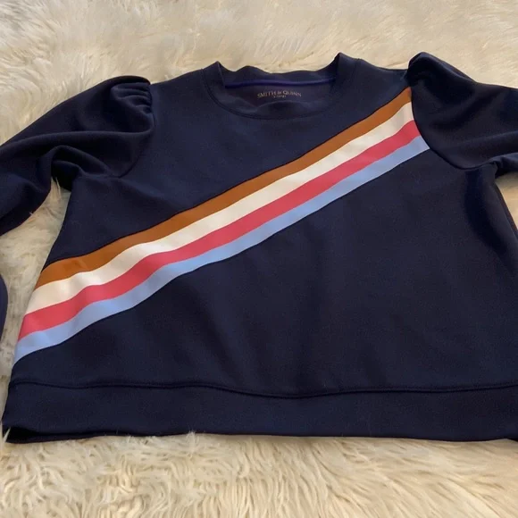 Chic Navy Crew Neck Sweater with Colorful Stripes - Picture 7 of 8